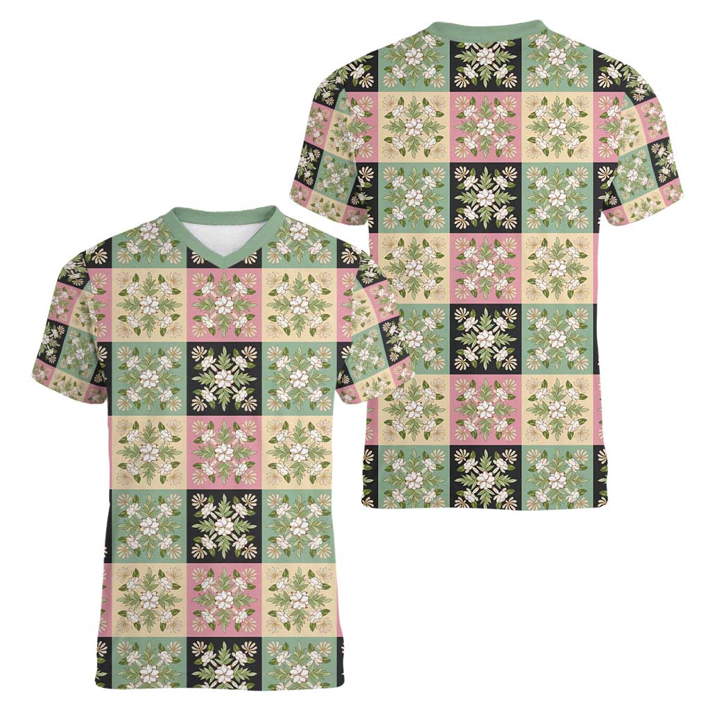 Seamless Pattern Maile and Pikake Lei Women V-Neck T-Shirt Squares Maile Leaf - Polynesian Pride