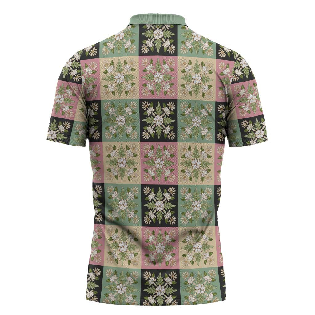Seamless Pattern Maile and Pikake Lei Zipper Polo Shirt Squares Maile Leaf LT9 - Polynesian Pride