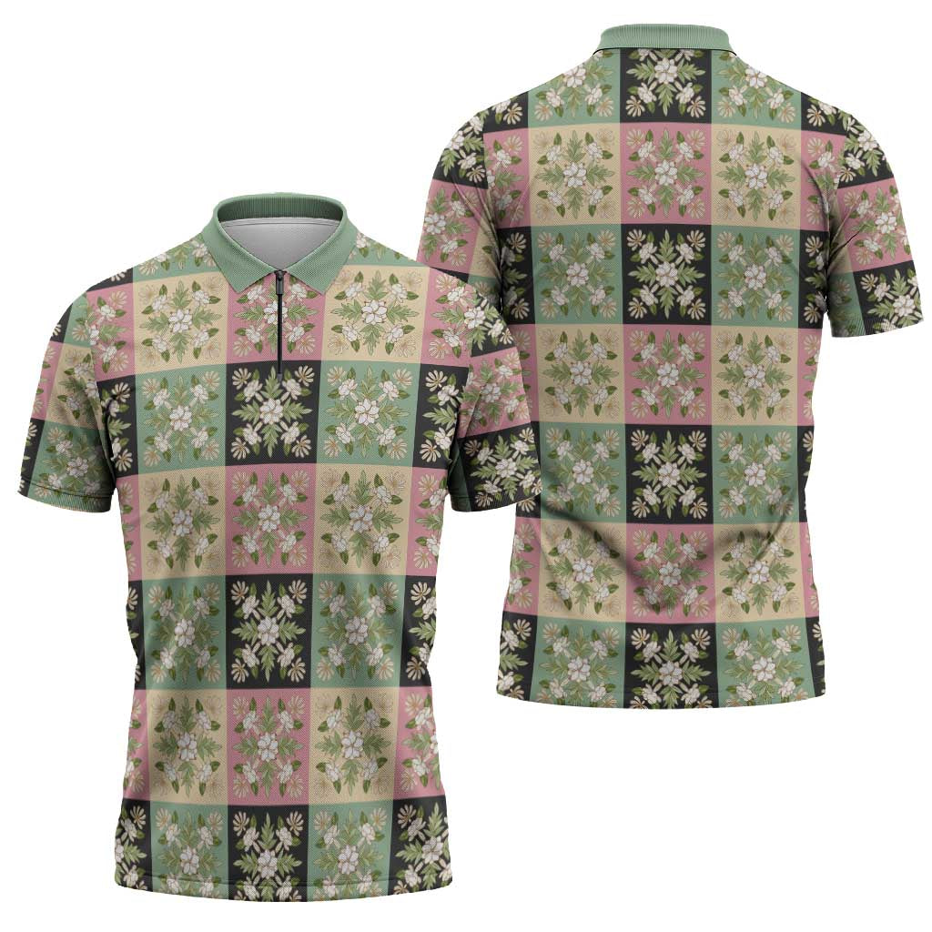 Seamless Pattern Maile and Pikake Lei Zipper Polo Shirt Squares Maile Leaf LT9 - Polynesian Pride