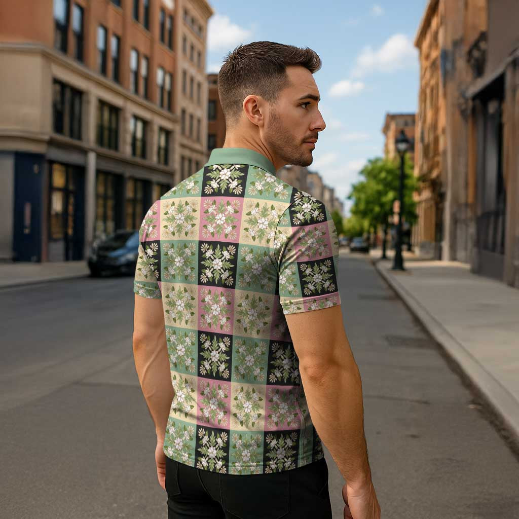 Seamless Pattern Maile and Pikake Lei Zipper Polo Shirt Squares Maile Leaf LT9 - Polynesian Pride