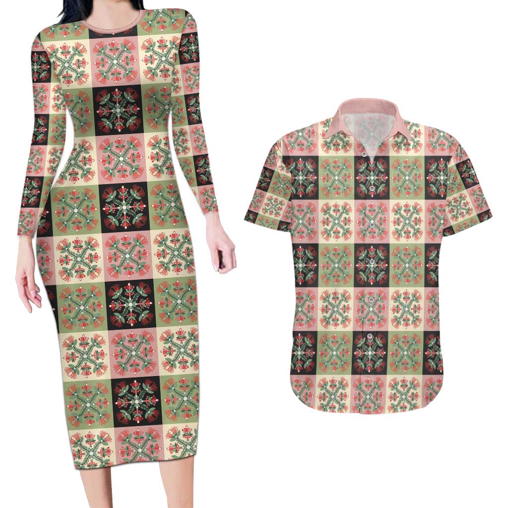 Seamless Pattern Pikake Lei Couples Matching Long Sleeve Bodycon Dress and Hawaiian Shirt Floral Squares Pikake - Polynesian Pride