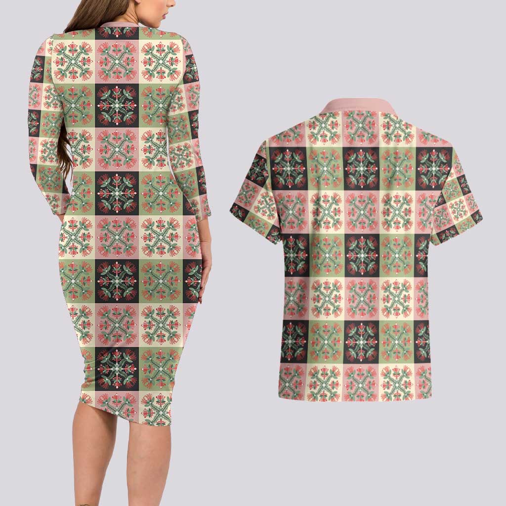 Seamless Pattern Pikake Lei Couples Matching Long Sleeve Bodycon Dress and Hawaiian Shirt Floral Squares Pikake - Polynesian Pride