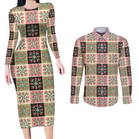 Seamless Pattern Pikake Lei Couples Matching Long Sleeve Bodycon Dress and Long Sleeve Button Shirt Floral Squares Pikake LT9 Pink - Polynesian Pride