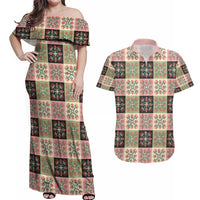 Seamless Pattern Pikake Lei Couples Matching Off Shoulder Maxi Dress and Hawaiian Shirt Floral Squares Pikake - Polynesian Pride