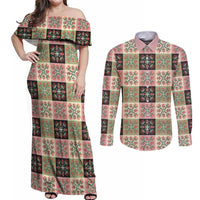 Seamless Pattern Pikake Lei Couples Matching Off Shoulder Maxi Dress and Long Sleeve Button Shirt Floral Squares Pikake LT9 Pink - Polynesian Pride
