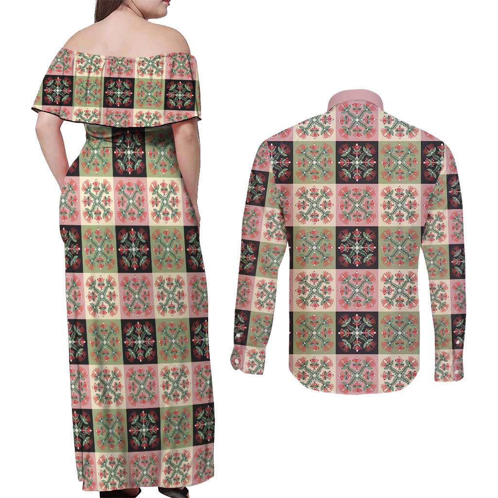 Seamless Pattern Pikake Lei Couples Matching Off Shoulder Maxi Dress and Long Sleeve Button Shirt Floral Squares Pikake LT9 - Polynesian Pride
