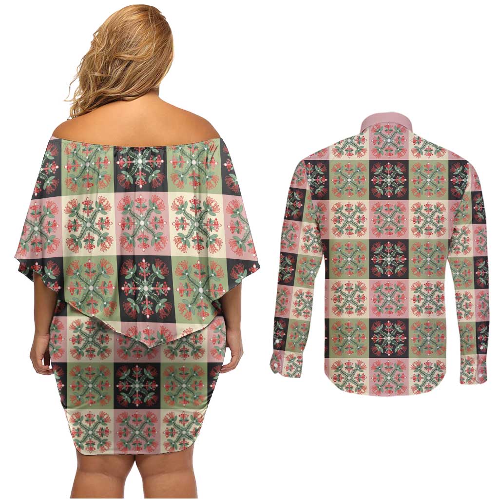 Seamless Pattern Pikake Lei Couples Matching Off Shoulder Short Dress and Long Sleeve Button Shirt Floral Squares Pikake LT9 - Polynesian Pride