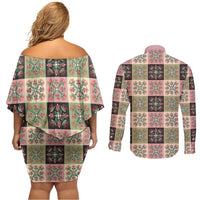 Seamless Pattern Pikake Lei Couples Matching Off Shoulder Short Dress and Long Sleeve Button Shirt Floral Squares Pikake LT9 - Polynesian Pride