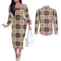 Seamless Pattern Pikake Lei Couples Matching Off The Shoulder Long Sleeve Dress and Long Sleeve Button Shirt Floral Squares Pikake LT9 Pink - Polynesian Pride