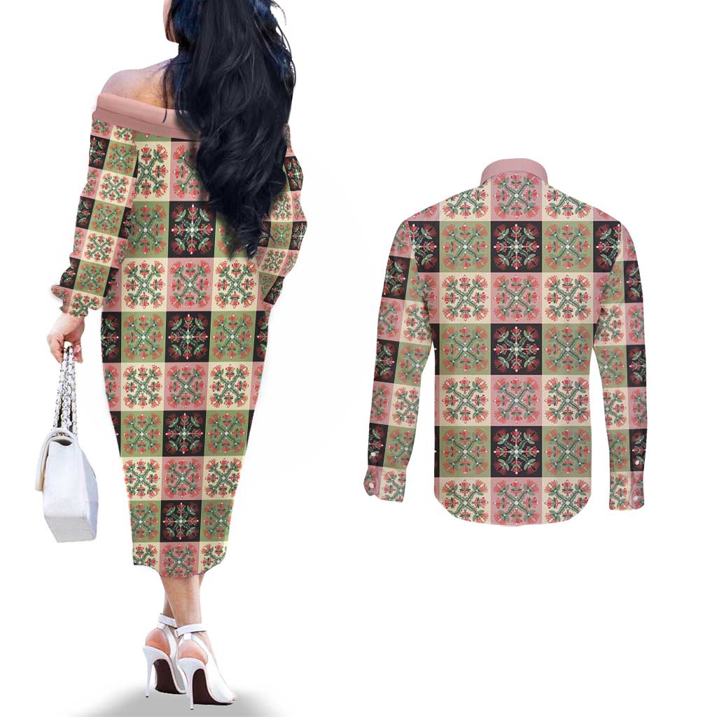 Seamless Pattern Pikake Lei Couples Matching Off The Shoulder Long Sleeve Dress and Long Sleeve Button Shirt Floral Squares Pikake LT9 - Polynesian Pride