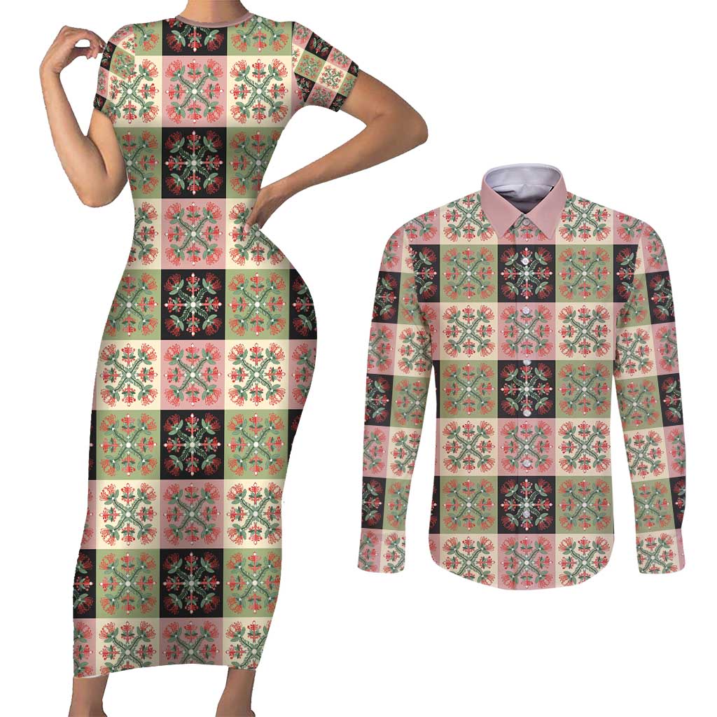 Seamless Pattern Pikake Lei Couples Matching Short Sleeve Bodycon Dress and Long Sleeve Button Shirt Floral Squares Pikake - Polynesian Pride