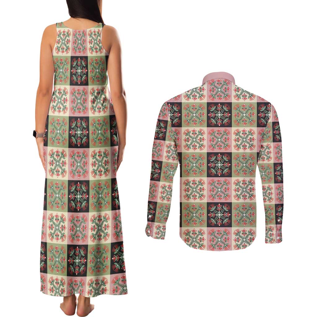 Seamless Pattern Pikake Lei Couples Matching Tank Maxi Dress and Long Sleeve Button Shirt Floral Squares Pikake LT9 - Polynesian Pride