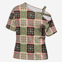 Seamless Pattern Pikake Lei Cross Shoulder Shirt Floral Squares Pikake LT9 Female Pink - Polynesian Pride