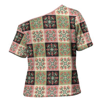 Seamless Pattern Pikake Lei Cross Shoulder Shirt Floral Squares Pikake LT9 - Polynesian Pride