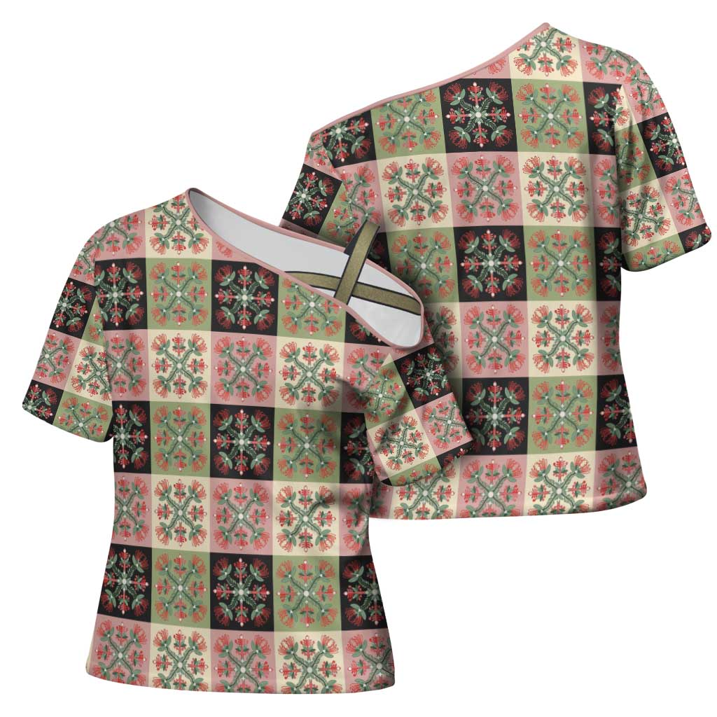 Seamless Pattern Pikake Lei Cross Shoulder Shirt Floral Squares Pikake LT9 - Polynesian Pride