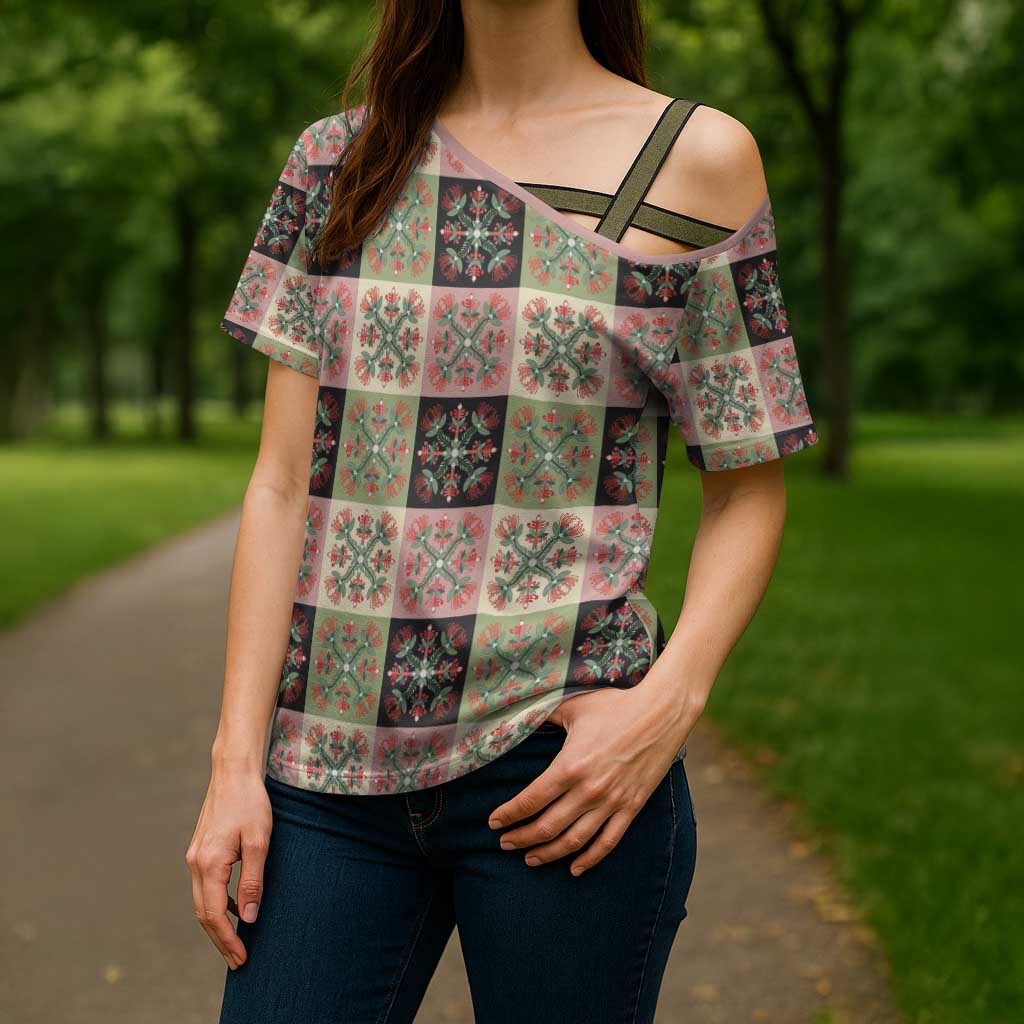 Seamless Pattern Pikake Lei Cross Shoulder Shirt Floral Squares Pikake LT9 - Polynesian Pride