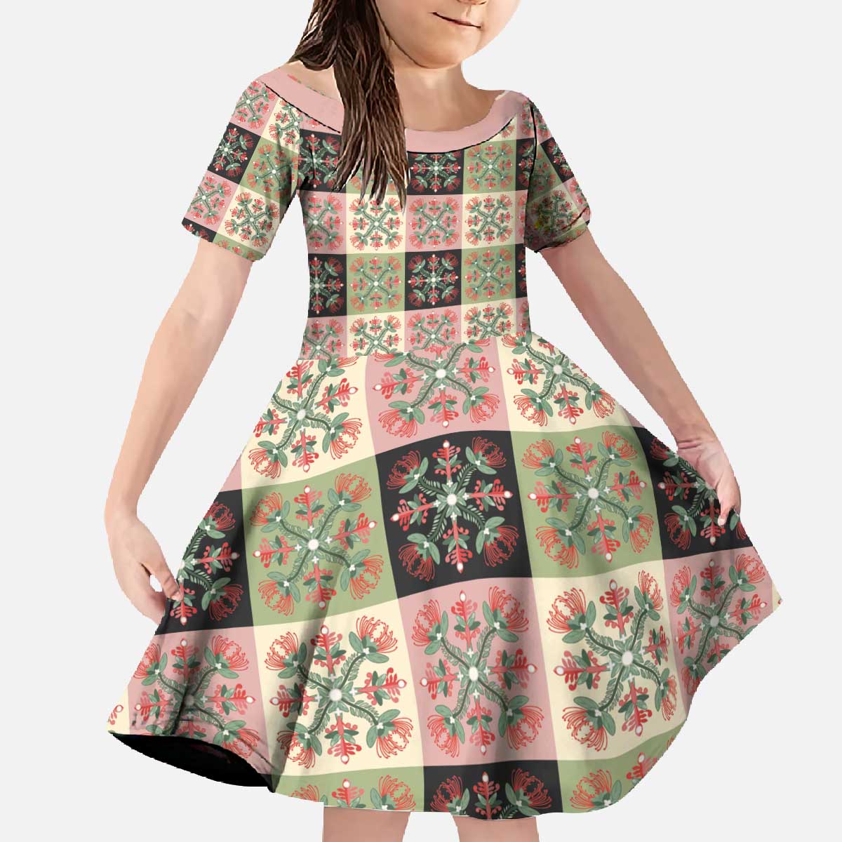 Seamless Pattern Pikake Lei Family Matching Off The Shoulder Long Sleeve Dress and Hawaiian Shirt Floral Squares Pikake - Polynesian Pride