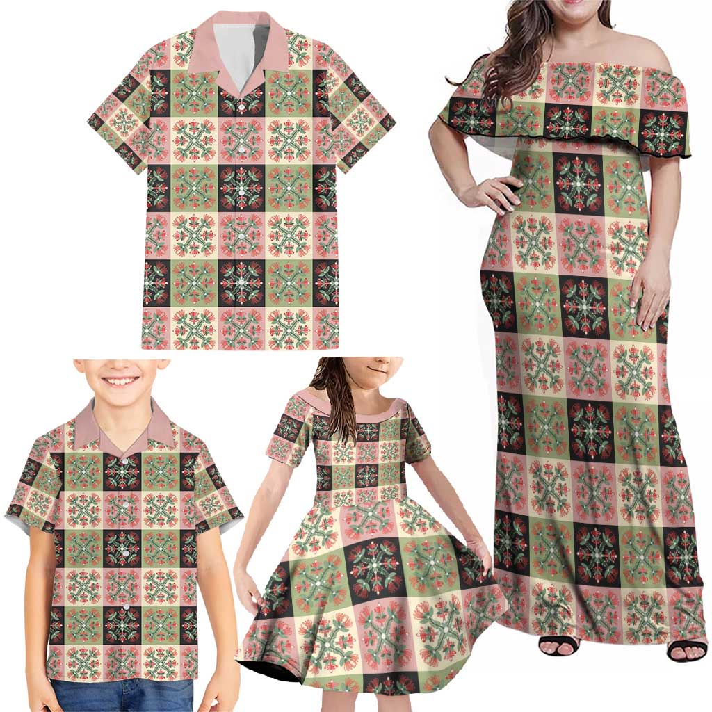 Seamless Pattern Pikake Lei Family Matching Off Shoulder Maxi Dress and Hawaiian Shirt Floral Squares Pikake - Polynesian Pride