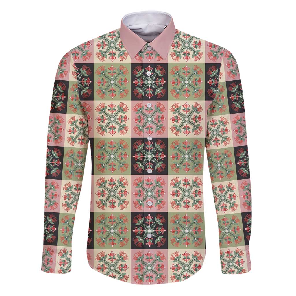 Seamless Pattern Pikake Lei Family Matching Puletasi and Hawaiian Shirt Floral Squares Pikake LT9 Dad's Shirt - Long Sleeve Pink - Polynesian Pride