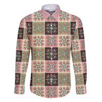 Seamless Pattern Pikake Lei Family Matching Puletasi and Hawaiian Shirt Floral Squares Pikake LT9 Dad's Shirt - Long Sleeve Pink - Polynesian Pride