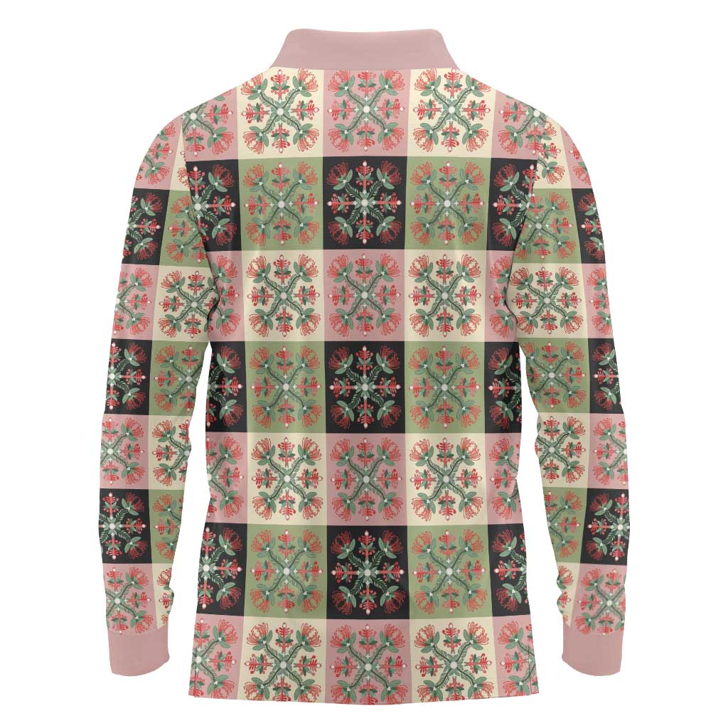 Seamless Pattern Pikake Lei Long Sleeve Polo Shirt Floral Squares Pikake LT9 - Polynesian Pride