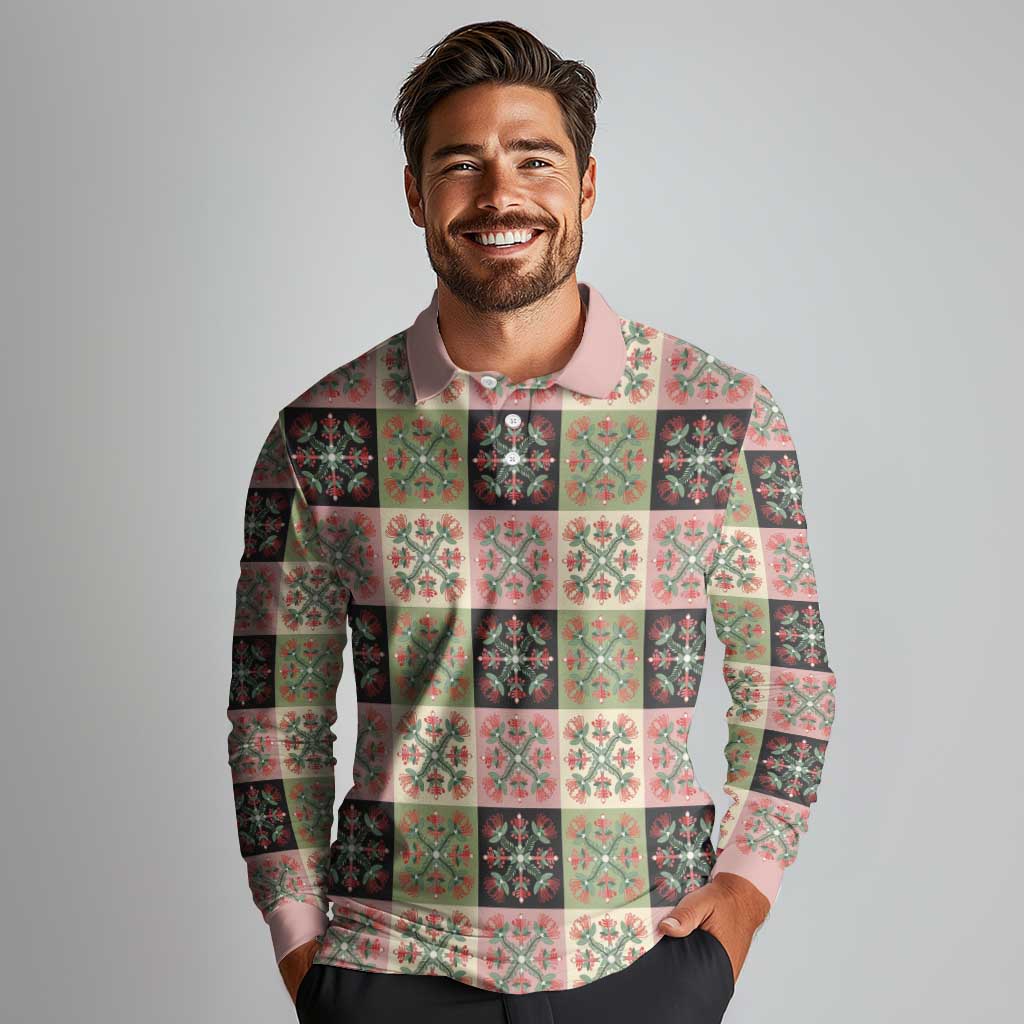Seamless Pattern Pikake Lei Long Sleeve Polo Shirt Floral Squares Pikake LT9 - Polynesian Pride