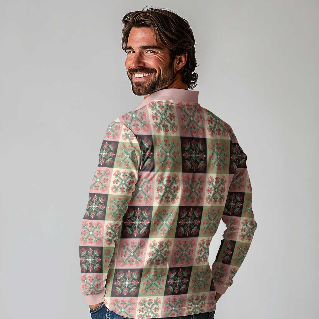 Seamless Pattern Pikake Lei Long Sleeve Polo Shirt Floral Squares Pikake LT9 - Polynesian Pride