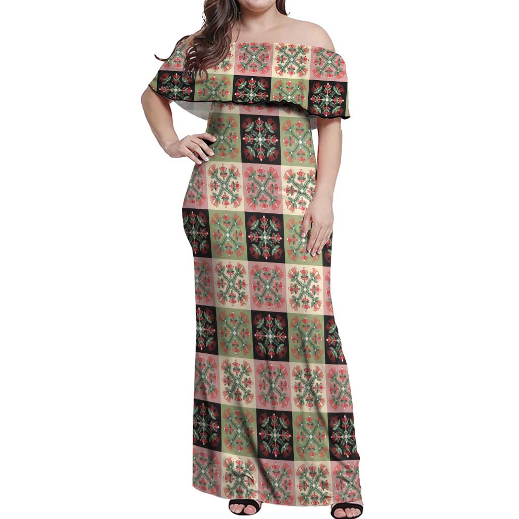 Seamless Pattern Pikake Lei Off Shoulder Maxi Dress Floral Squares Pikake - Polynesian Pride