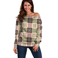 Seamless Pattern Pikake Lei Off Shoulder Sweater Floral Squares Pikake - Polynesian Pride