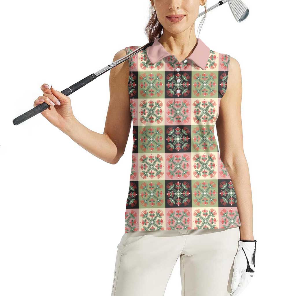 Seamless Pattern Pikake Lei Women Sleeveless Polo Shirt Floral Squares Pikake LT9 - Polynesian Pride