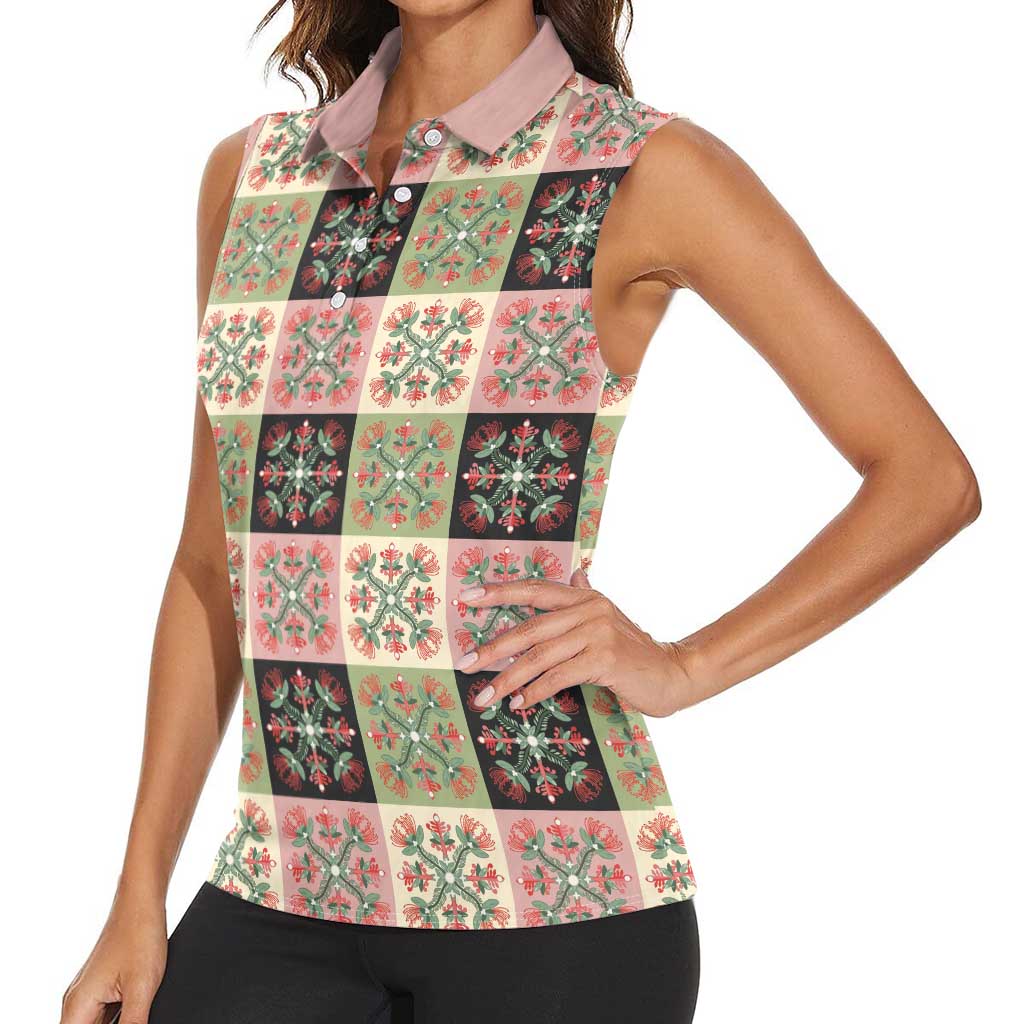 Seamless Pattern Pikake Lei Women Sleeveless Polo Shirt Floral Squares Pikake LT9 - Polynesian Pride