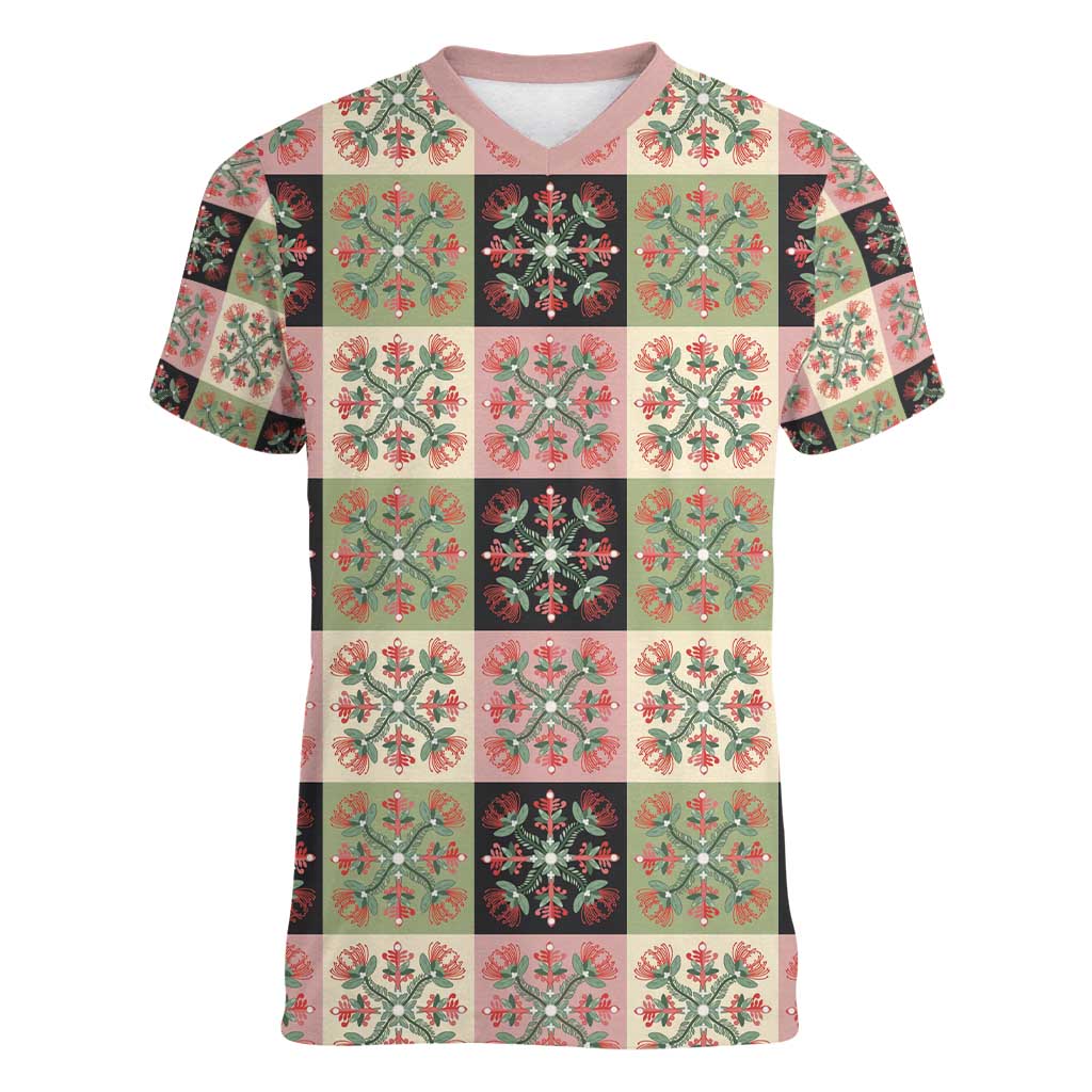 Seamless Pattern Pikake Lei Women V-Neck T-Shirt Floral Squares Pikake - Polynesian Pride