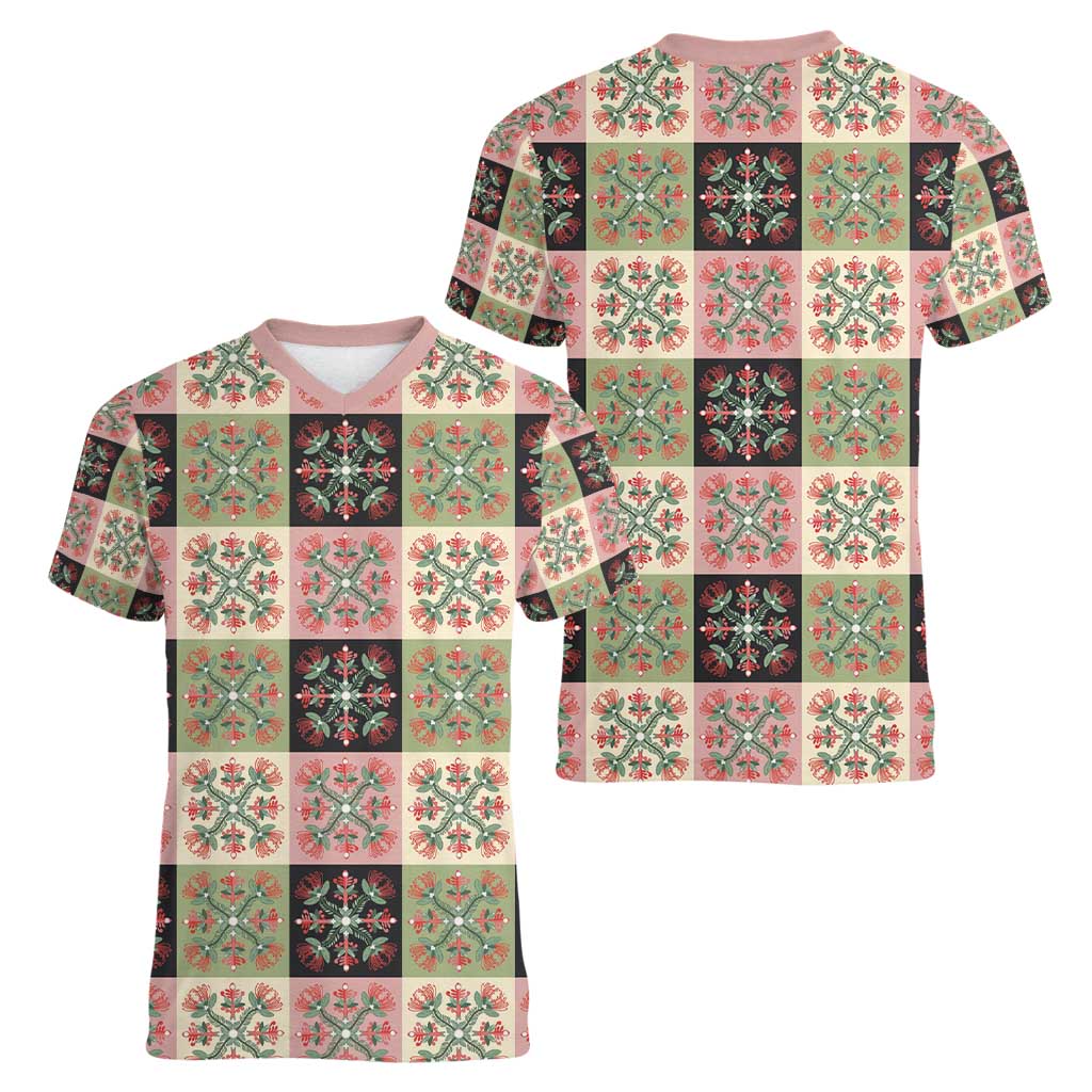 Seamless Pattern Pikake Lei Women V-Neck T-Shirt Floral Squares Pikake - Polynesian Pride
