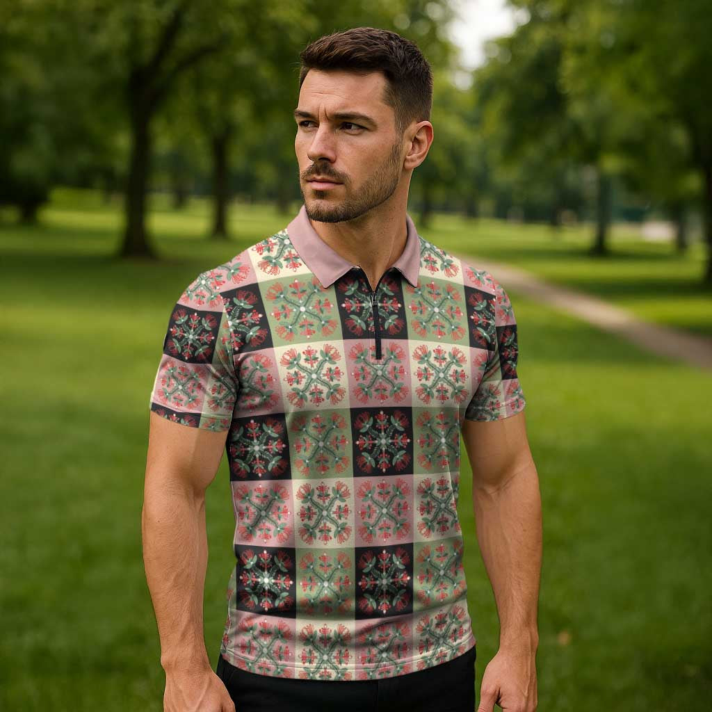 Seamless Pattern Pikake Lei Zipper Polo Shirt Floral Squares Pikake LT9 - Polynesian Pride
