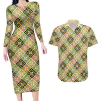 Seamless Pattern Puakenikeni and Kalo Couples Matching Long Sleeve Bodycon Dress and Hawaiian Shirt - Polynesian Pride