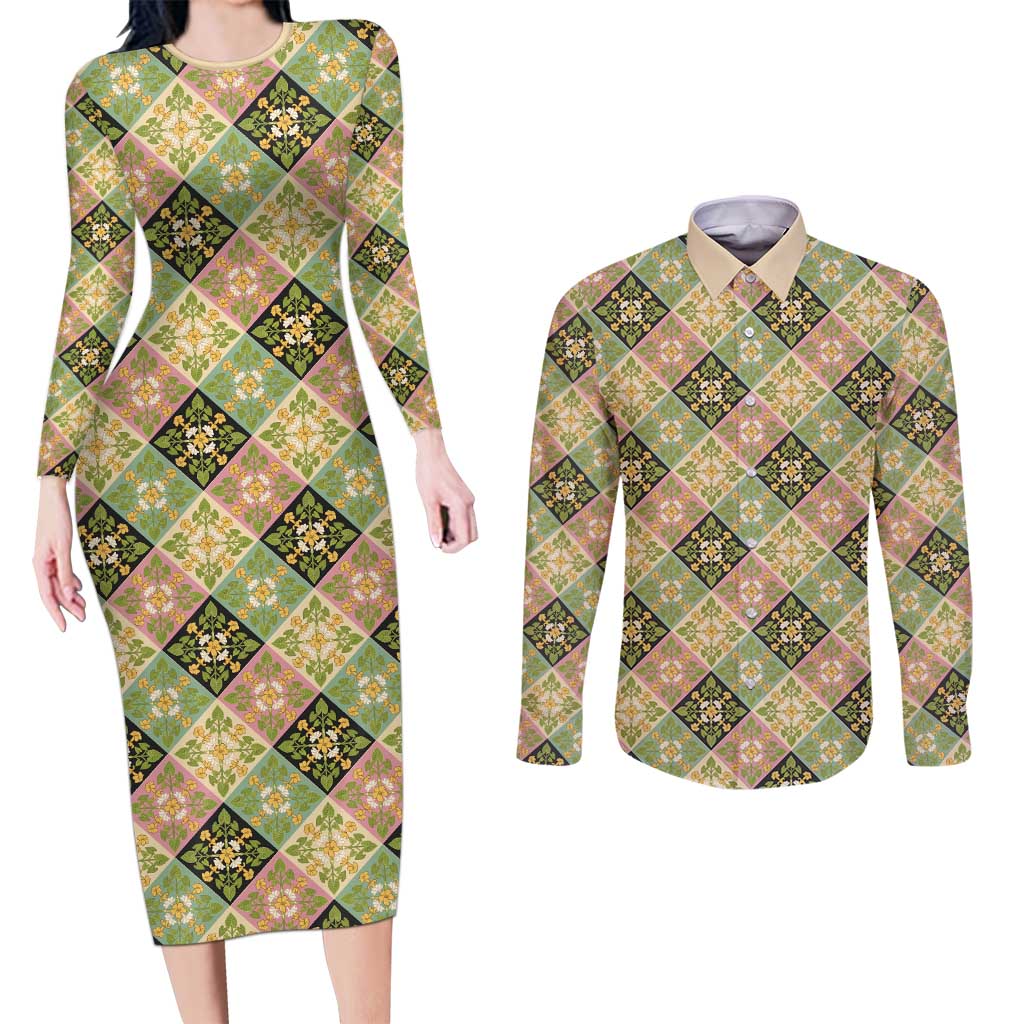 Seamless Pattern Puakenikeni and Kalo Couples Matching Long Sleeve Bodycon Dress and Long Sleeve Button Shirt LT9 Beige - Polynesian Pride