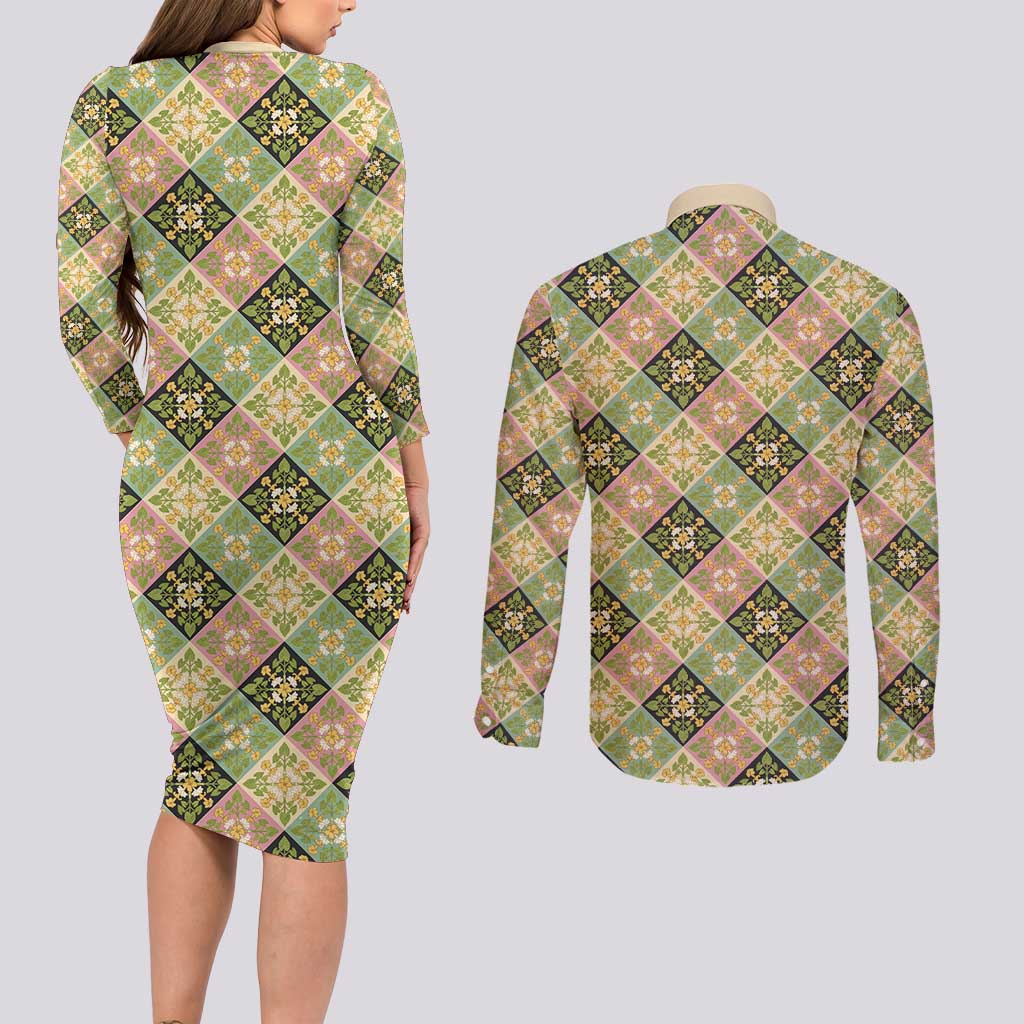 Seamless Pattern Puakenikeni and Kalo Couples Matching Long Sleeve Bodycon Dress and Long Sleeve Button Shirt LT9 - Polynesian Pride