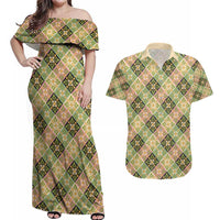 Seamless Pattern Puakenikeni and Kalo Couples Matching Off Shoulder Maxi Dress and Hawaiian Shirt - Polynesian Pride