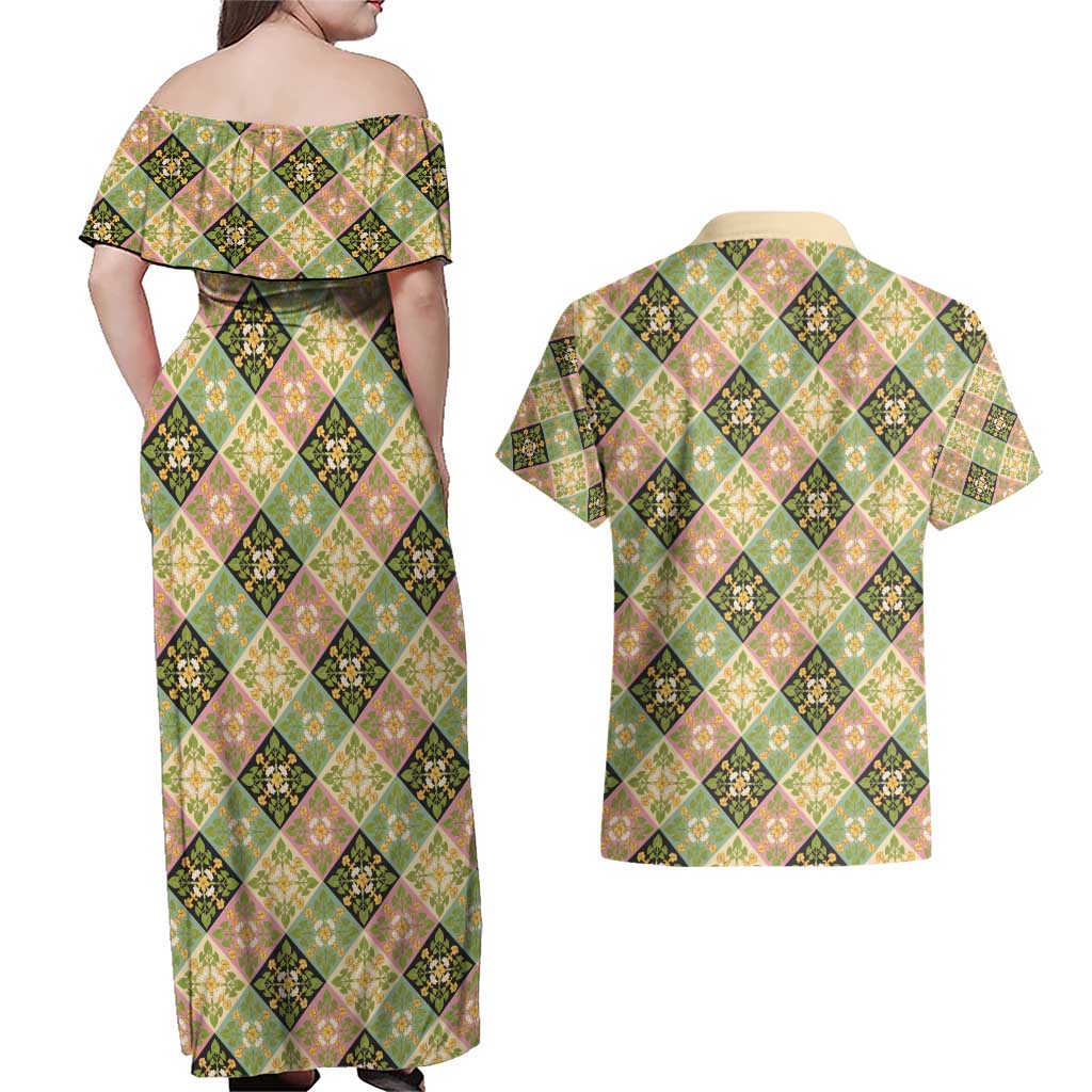 Seamless Pattern Puakenikeni and Kalo Couples Matching Off Shoulder Maxi Dress and Hawaiian Shirt - Polynesian Pride