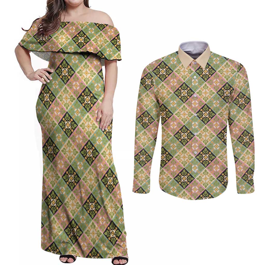 Seamless Pattern Puakenikeni and Kalo Couples Matching Off Shoulder Maxi Dress and Long Sleeve Button Shirt LT9 Beige - Polynesian Pride
