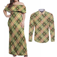 Seamless Pattern Puakenikeni and Kalo Couples Matching Off Shoulder Maxi Dress and Long Sleeve Button Shirt LT9 Beige - Polynesian Pride