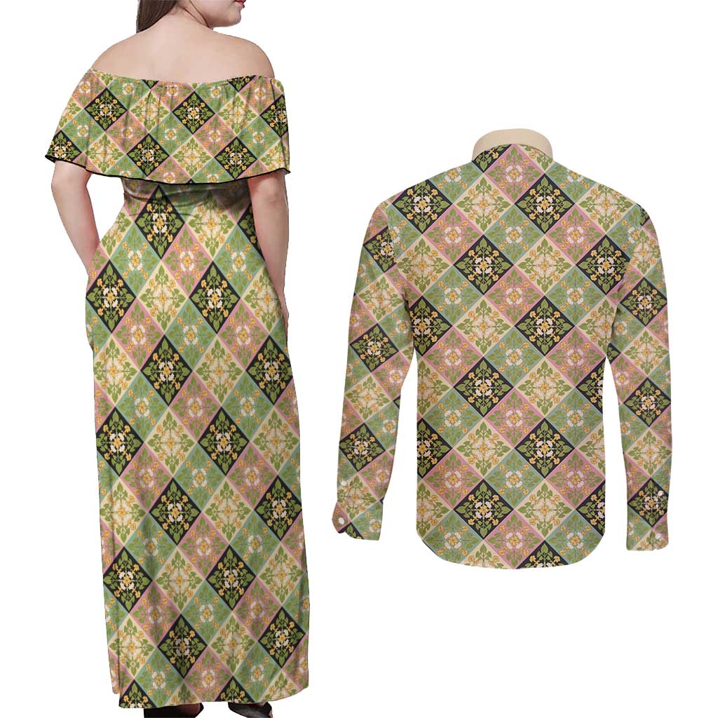 Seamless Pattern Puakenikeni and Kalo Couples Matching Off Shoulder Maxi Dress and Long Sleeve Button Shirt LT9 - Polynesian Pride