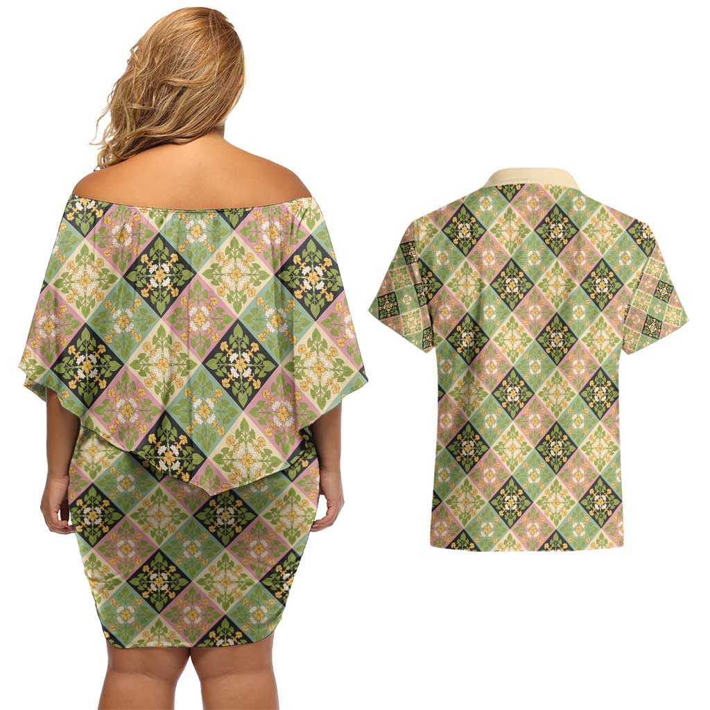 Seamless Pattern Puakenikeni and Kalo Couples Matching Off Shoulder Short Dress and Hawaiian Shirt - Polynesian Pride