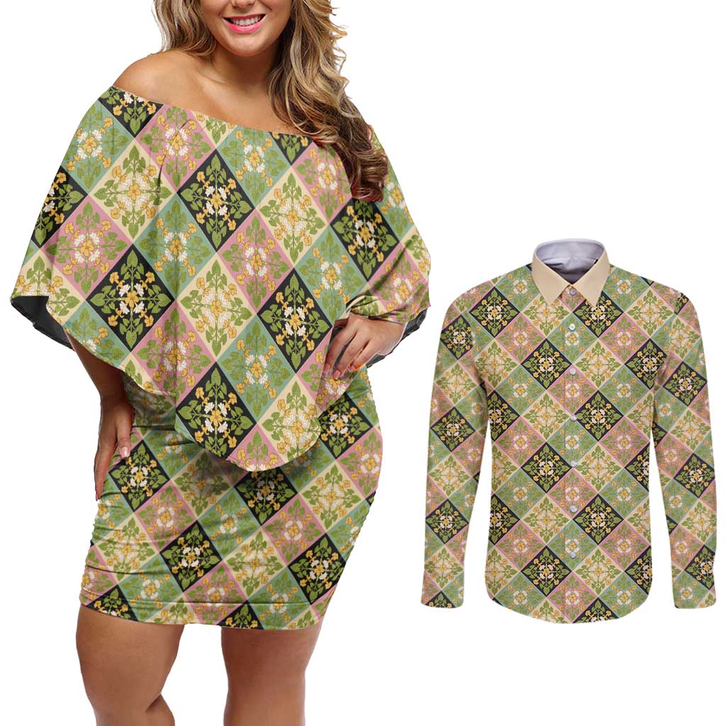 Seamless Pattern Puakenikeni and Kalo Couples Matching Off Shoulder Short Dress and Long Sleeve Button Shirt LT9 Beige - Polynesian Pride