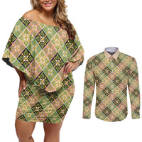 Seamless Pattern Puakenikeni and Kalo Couples Matching Off Shoulder Short Dress and Long Sleeve Button Shirt LT9 Beige - Polynesian Pride