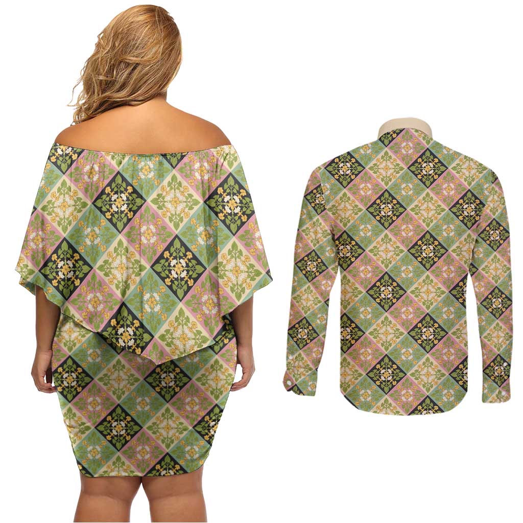 Seamless Pattern Puakenikeni and Kalo Couples Matching Off Shoulder Short Dress and Long Sleeve Button Shirt LT9 - Polynesian Pride