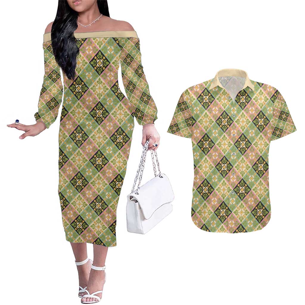 Seamless Pattern Puakenikeni and Kalo Couples Matching Off The Shoulder Long Sleeve Dress and Hawaiian Shirt - Polynesian Pride