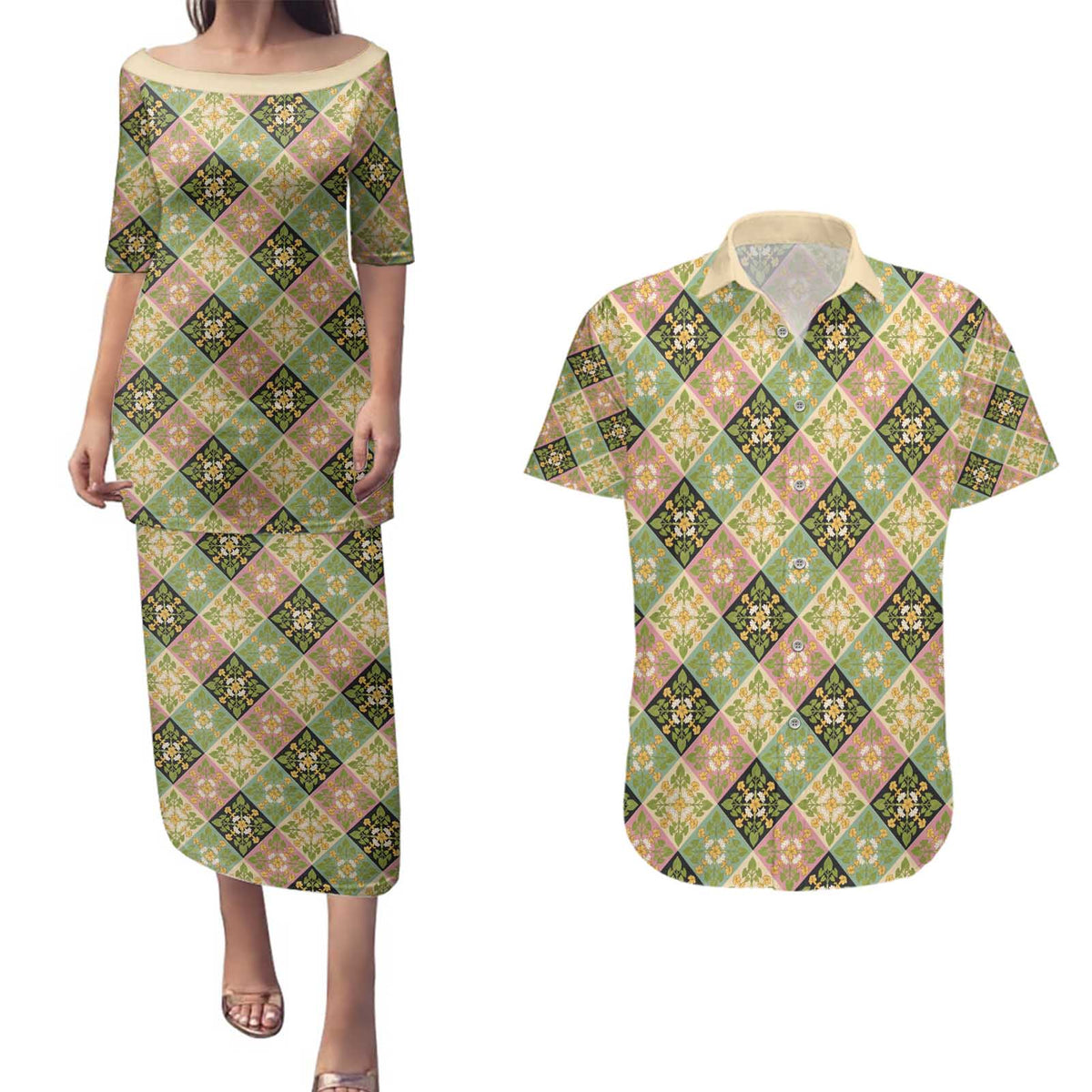 Seamless Pattern Puakenikeni and Kalo Couples Matching Puletasi and Hawaiian Shirt LT9 Beige - Polynesian Pride