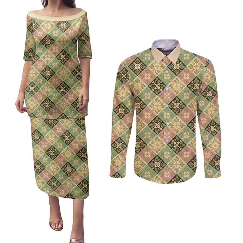 Seamless Pattern Puakenikeni and Kalo Couples Matching Puletasi and Long Sleeve Button Shirt LT9 Beige - Polynesian Pride