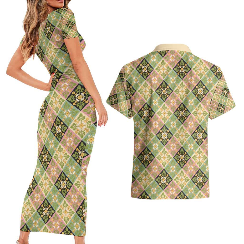 Seamless Pattern Puakenikeni and Kalo Couples Matching Short Sleeve Bodycon Dress and Hawaiian Shirt - Polynesian Pride
